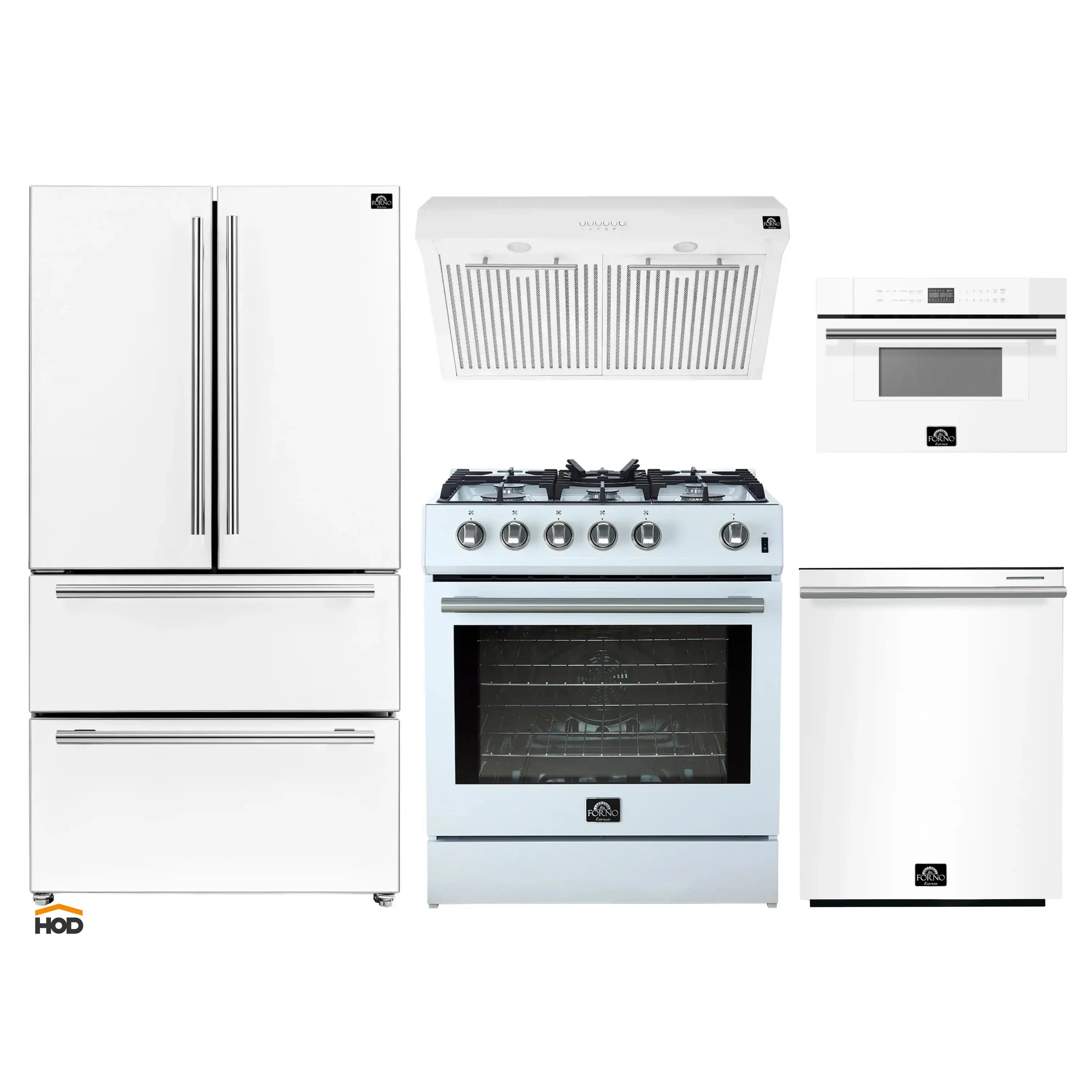 White appliance package with stainless trim: refrigerator, gas range, dishwasher, microwave