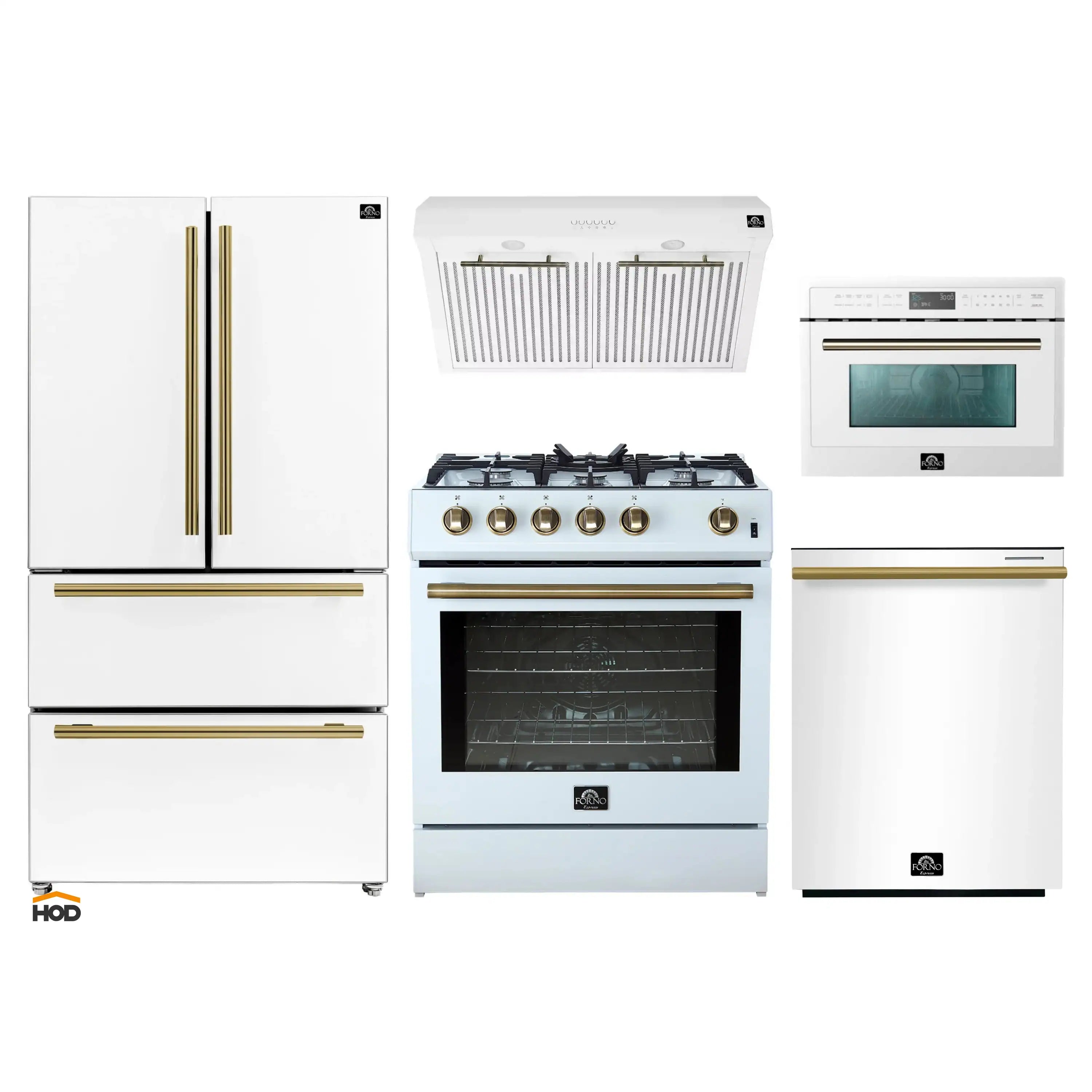 White 5-piece appliance package with antique brass trim: range, refrigerator, microwave, dishwasher