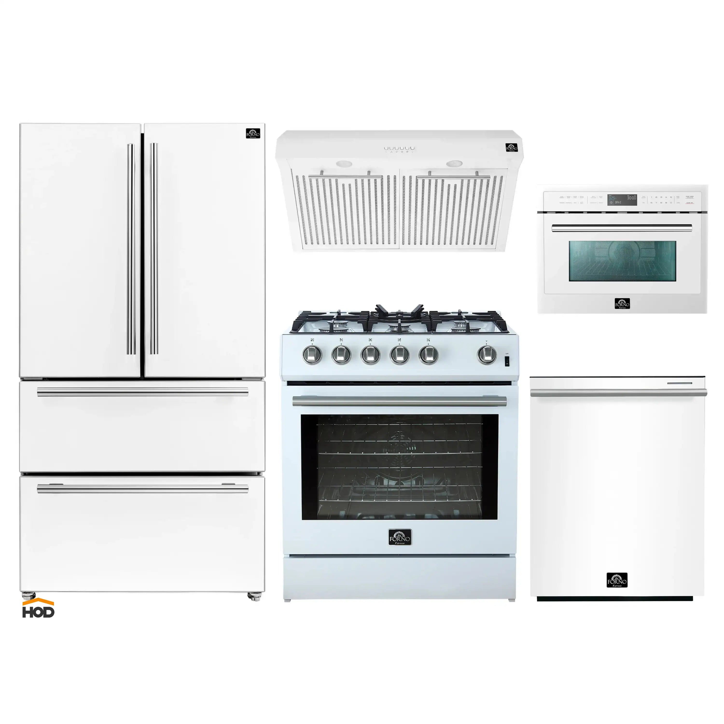 White appliance set featuring refrigerator, gas range, and built-in microwave oven with glass display