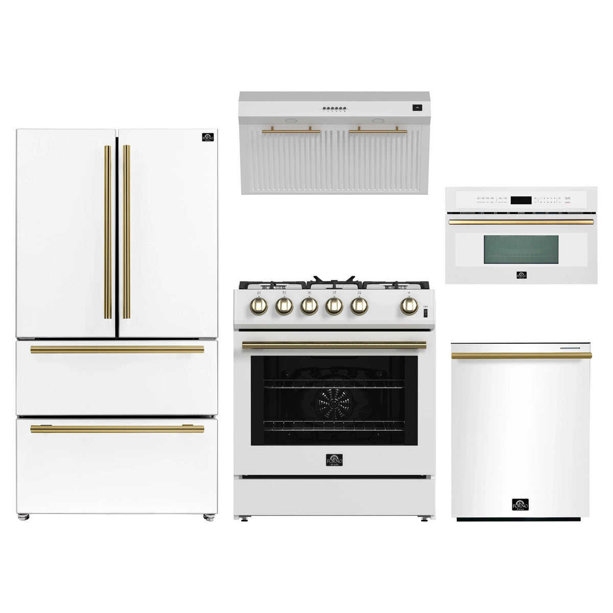 Forno 5-Piece Appliance Package - 30-Inch Gas Range, Under Cabinet Range Hood, Refrigerator, Dishwasher, and 30-Inch Microwave Oven in White with Antique Brass Trim