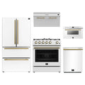 Forno 5-Piece Appliance Package - 30-Inch Espresso Gas Range, Under Cabinet Range Hood, French Door Refrigerator, Dishwasher, and Microwave Drawer in White with Antique Brass Trim