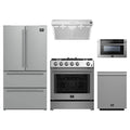Forno 5-Piece Appliance Package - 30-Inch Leonardo Espresso Gas Range, Under Cabinet Range Hood, French Door Refrigerator, Dishwasher, and Microwave Drawer in Stainless Steel