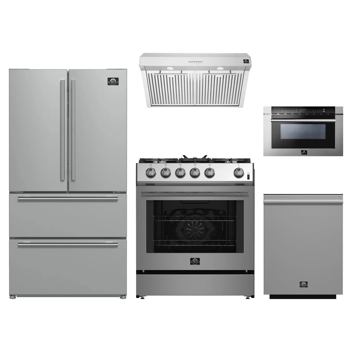 Forno 5-Piece Appliance Package - 30-Inch Gas Range, Under Cabinet Range Hood, French Door Refrigerator, Dishwasher, and Microwave Drawer in Stainless Steel