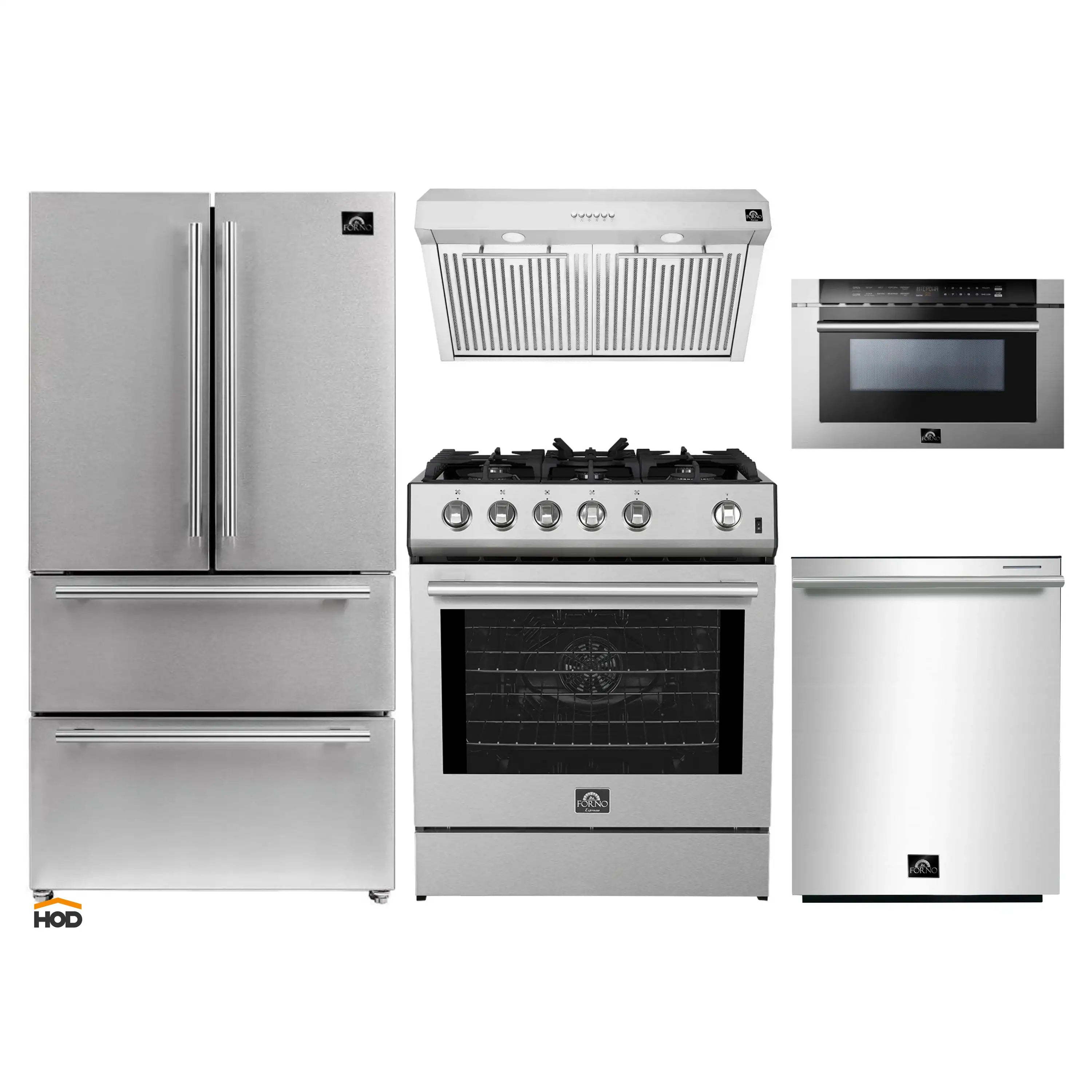 Stainless steel Forno 5-piece appliance set: fridge, range, hood, dishwasher, microwave.