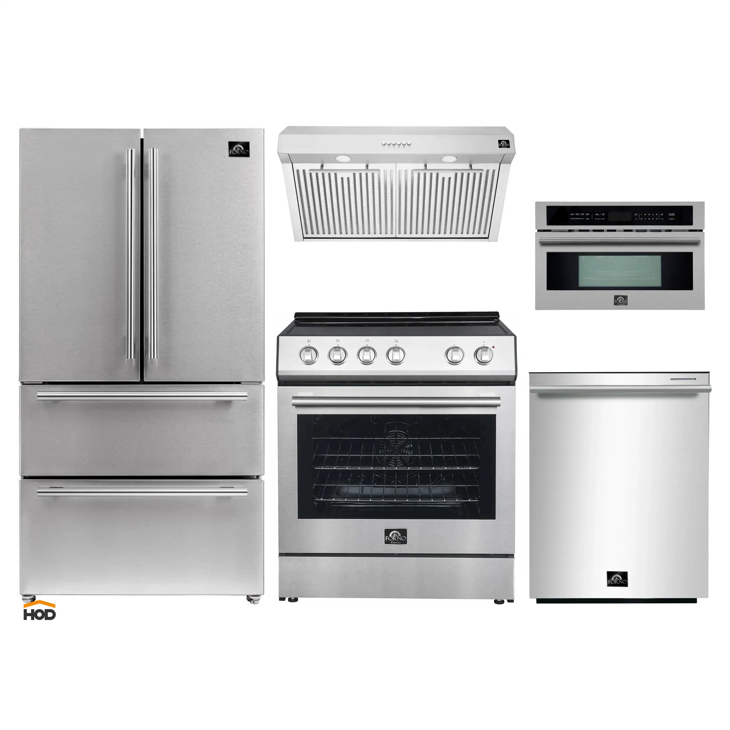 Stainless steel 5-piece appliance package with refrigerator, range, microwave, hood, dishwasher