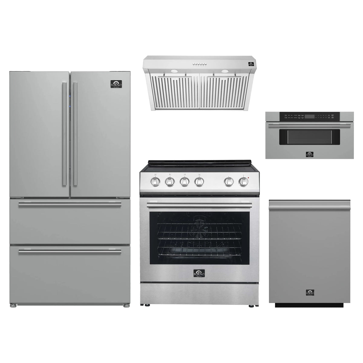 Forno 5-Piece Appliance Package - 30-Inch Electric Range, Under Cabinet Range Hood, French Door Refrigerator, Dishwasher, and 30-Inch Microwave Drawer in Stainless Steel