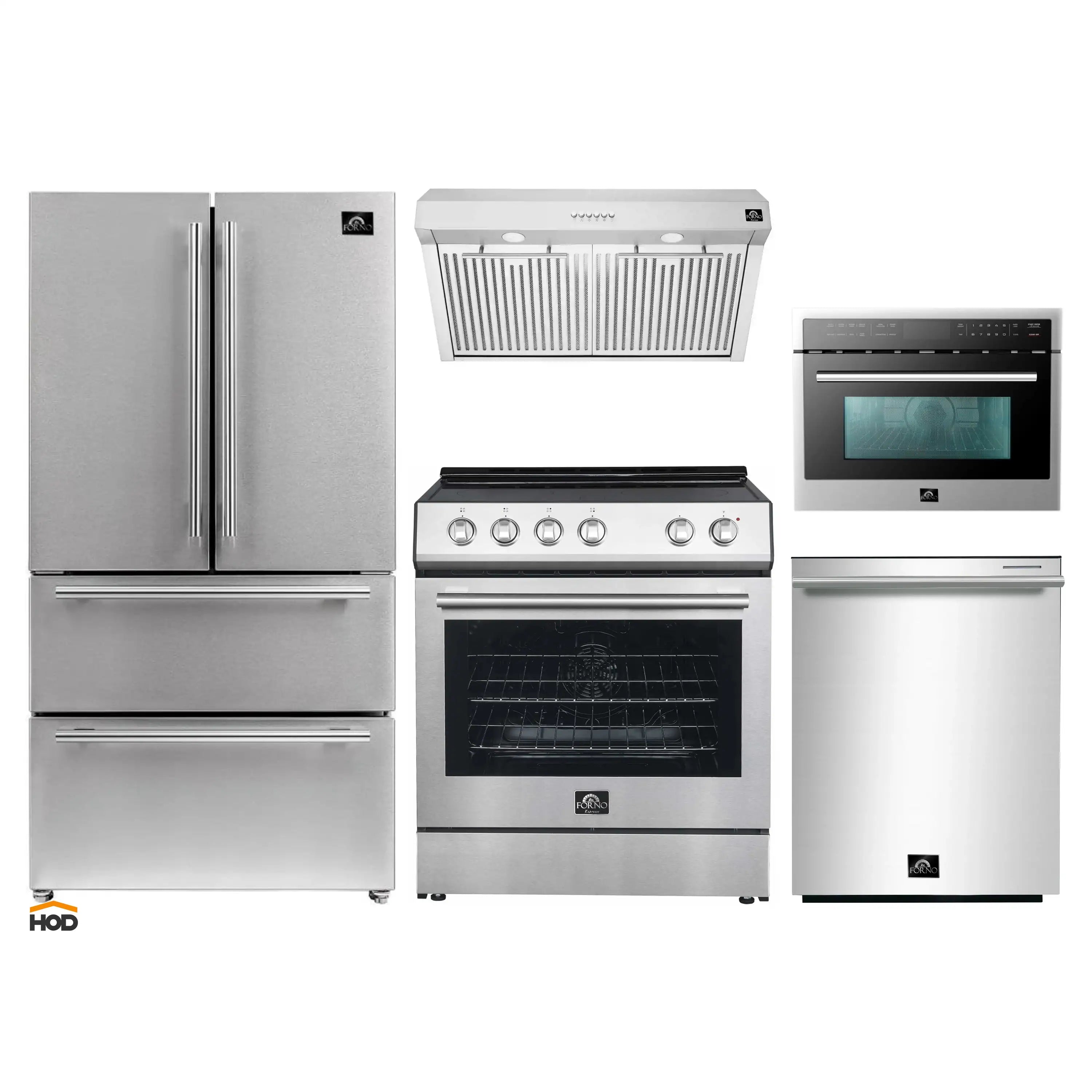 Stainless steel kitchen appliance set with refrigerator, range, hood, dishwasher, microwave