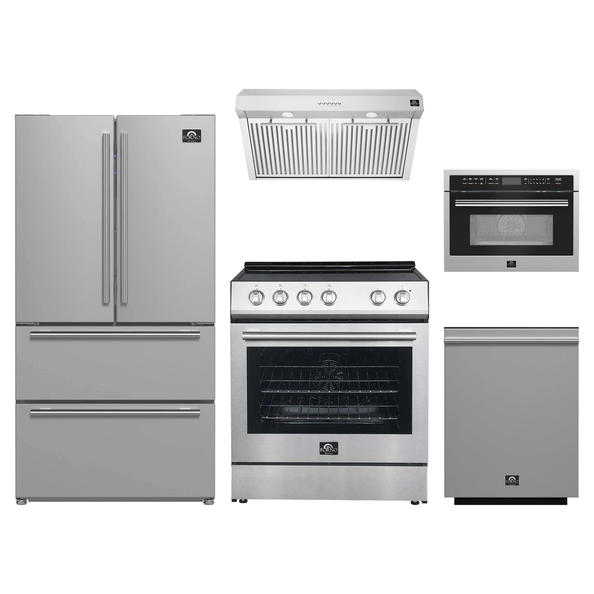 Forno 5-Piece Appliance Package - 30-Inch Electric Range, Under Cabinet Range Hood, Refrigerator, Dishwasher, and 24-Inch Microwave Oven in Stainless Steel