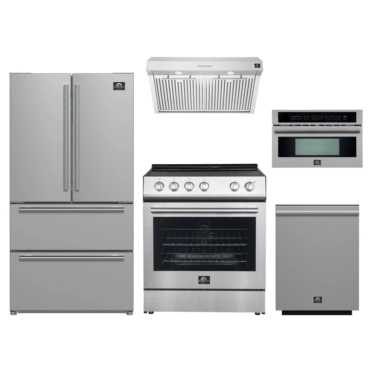 Forno 5-Piece Appliance Package - 30-Inch Electric Range, Under Cabinet Range Hood, Refrigerator, Dishwasher, and 30-Inch Microwave Oven in Stainless Steel