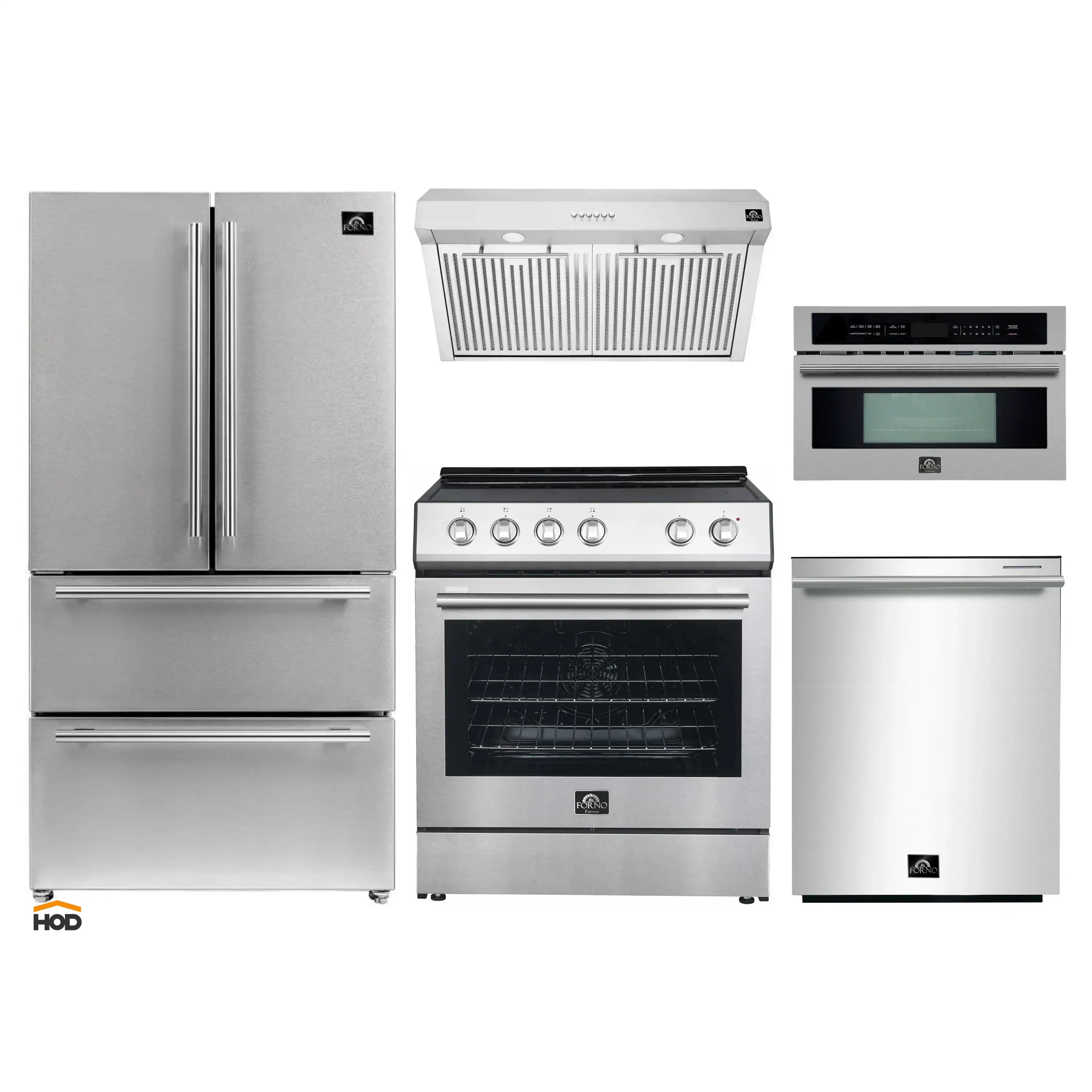 Stainless steel 5-piece kitchen appliance set: refrigerator, range, microwave, dishwasher, hood