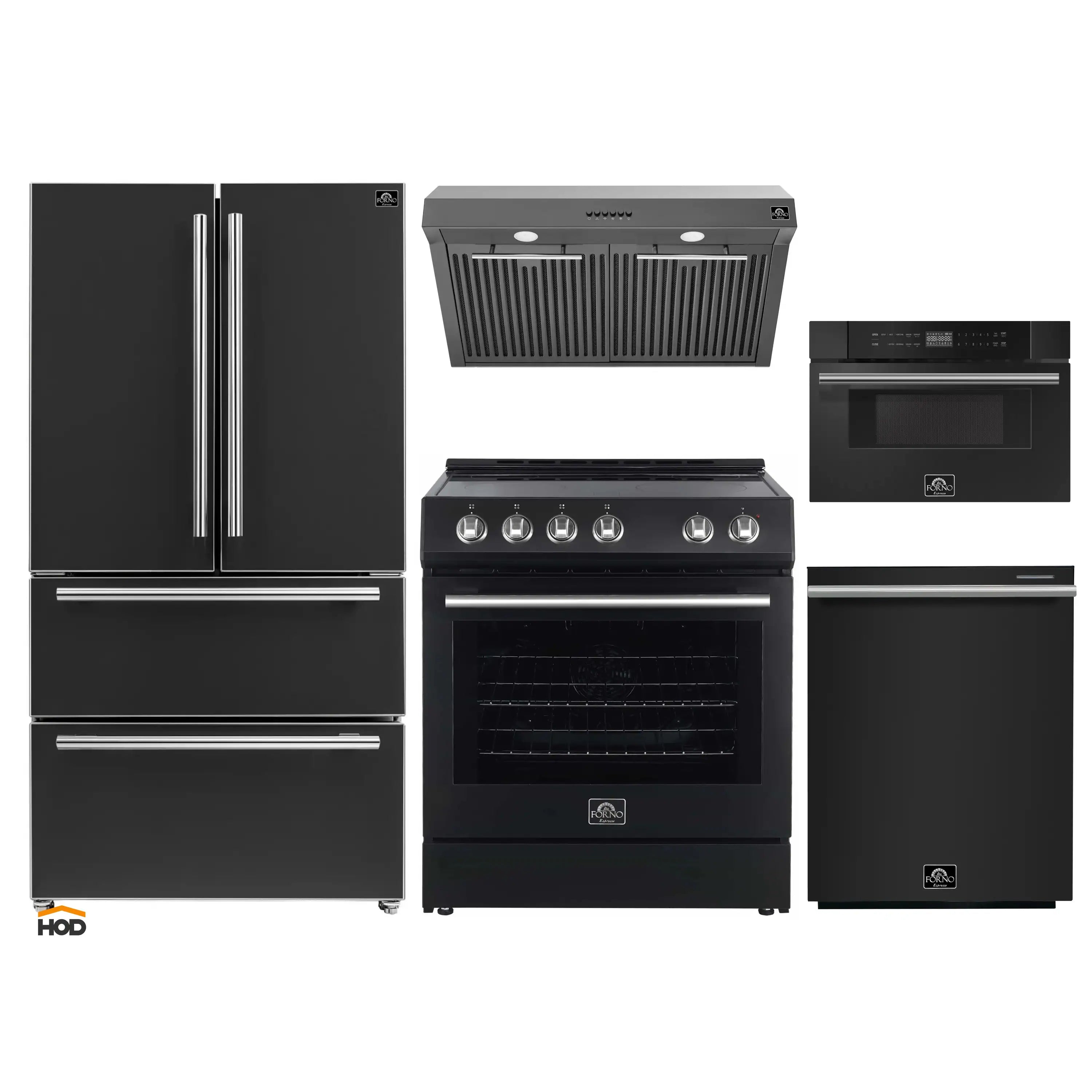 5-piece black appliance package: French-door fridge, electric range, hood