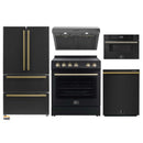 Forno 5-Piece Appliance Package - 30-Inch Electric Range, Under Cabinet Range Hood, French Door Refrigerator, Dishwasher, and 30-Inch Microwave Drawer in Black with Antique Brass Trim