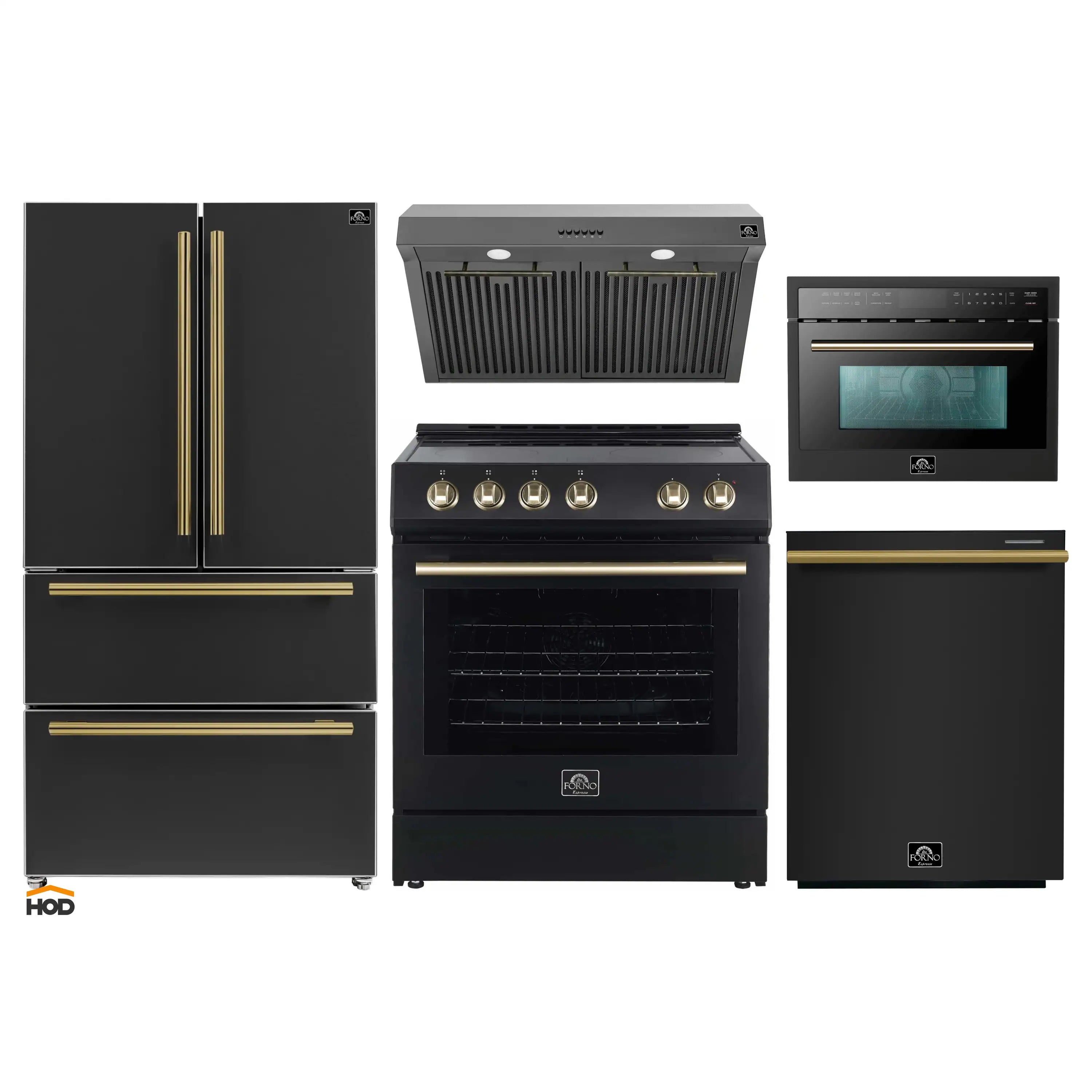 Black 5-piece kitchen appliance package with gold-accented trim and handles.