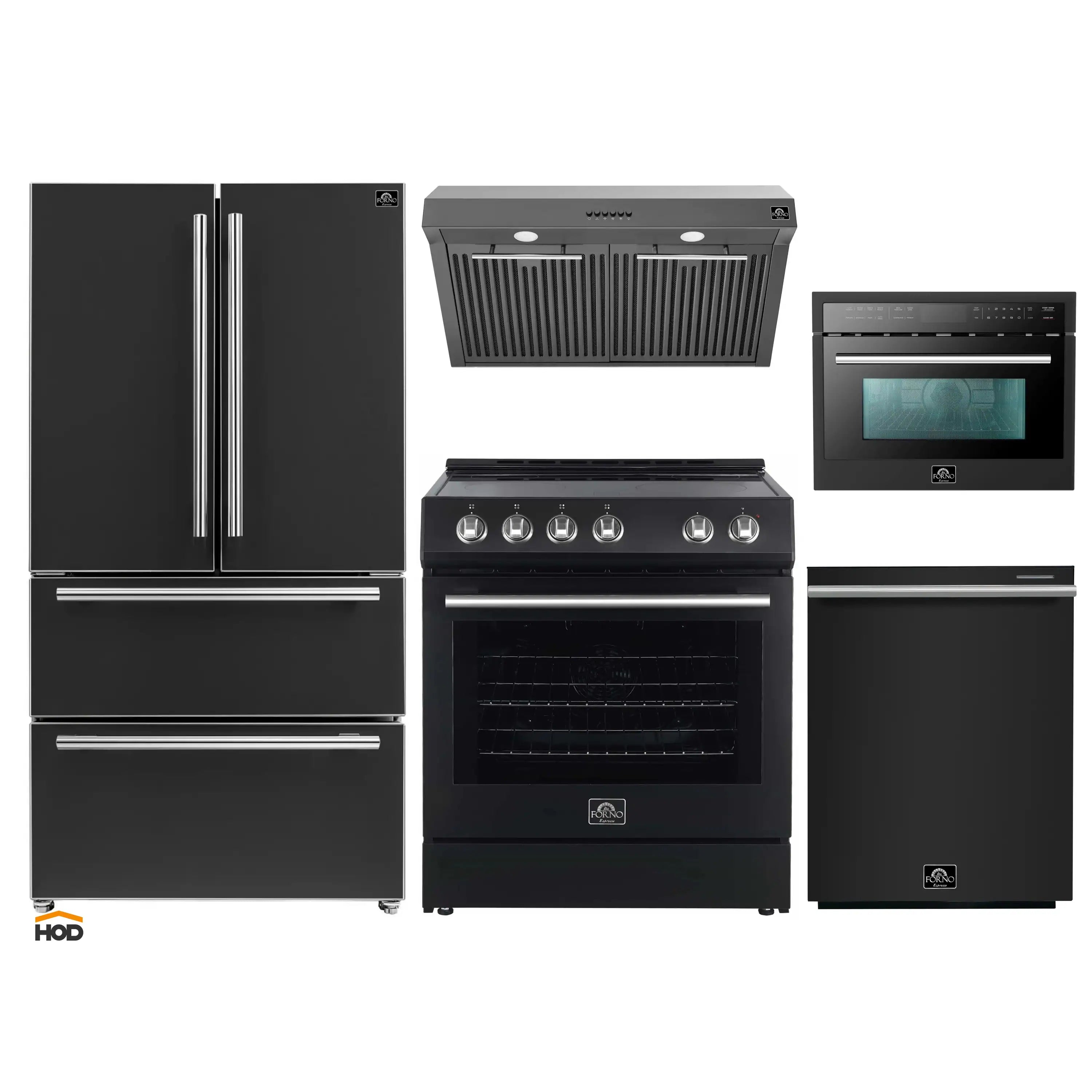 Black kitchen appliance set with stainless trim: fridge, range, microwave, hood.