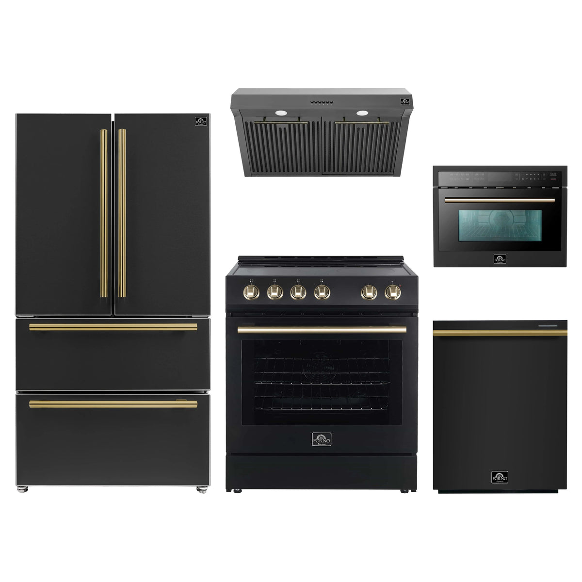 Forno 5-Piece Appliance Package - 30-Inch Electric Range, Under Cabinet Range Hood, Refrigerator, Dishwasher, and 24-Inch Microwave Oven in Black with Antique Brass Trim