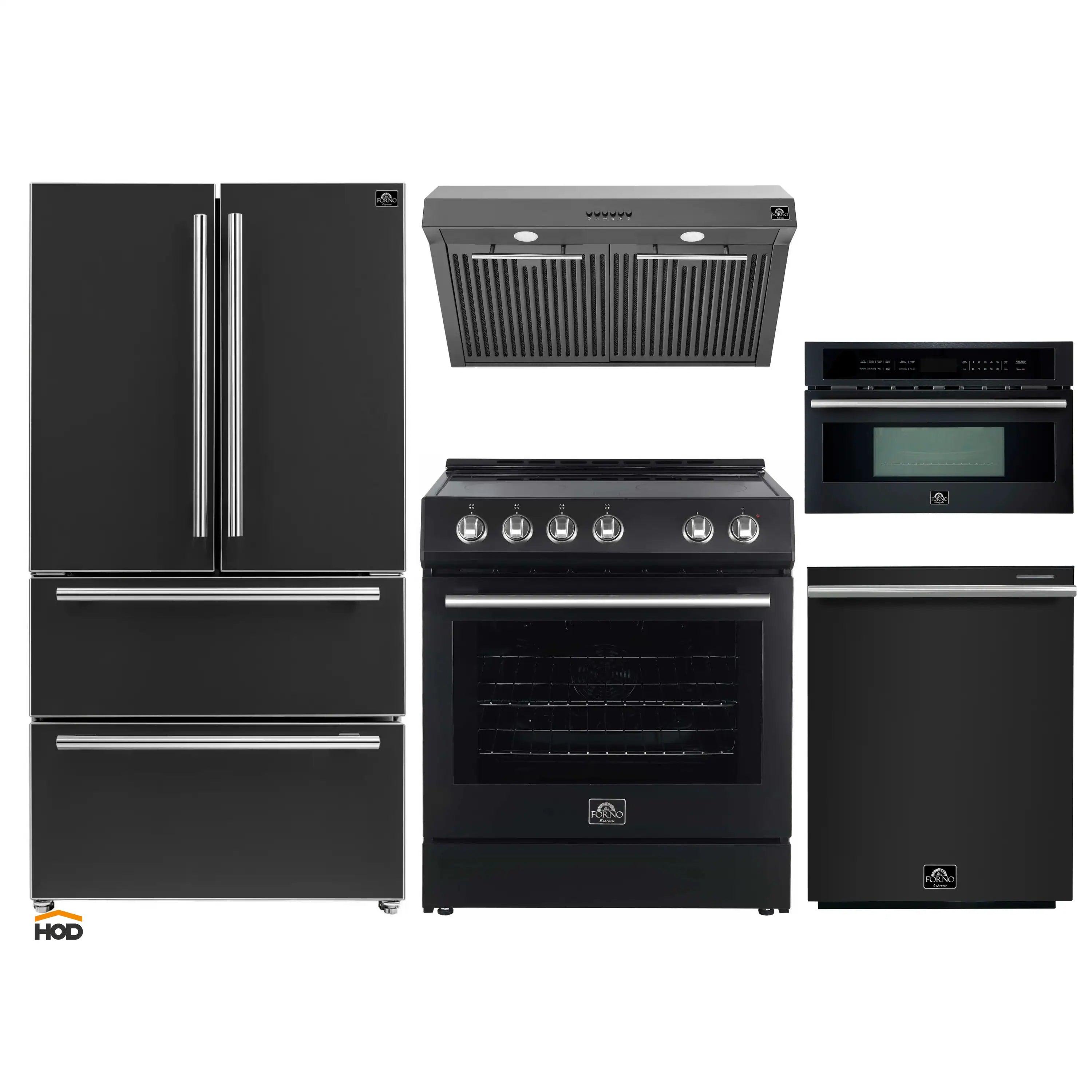 Black kitchen appliance set with stainless trim: refrigerator, range, microwave, vent hood