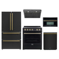 Forno 5-Piece Appliance Package - 30-Inch Electric Range, Under Cabinet Range Hood, Refrigerator, Dishwasher, and 30-Inch Microwave Oven in Black with Antique Brass Trim