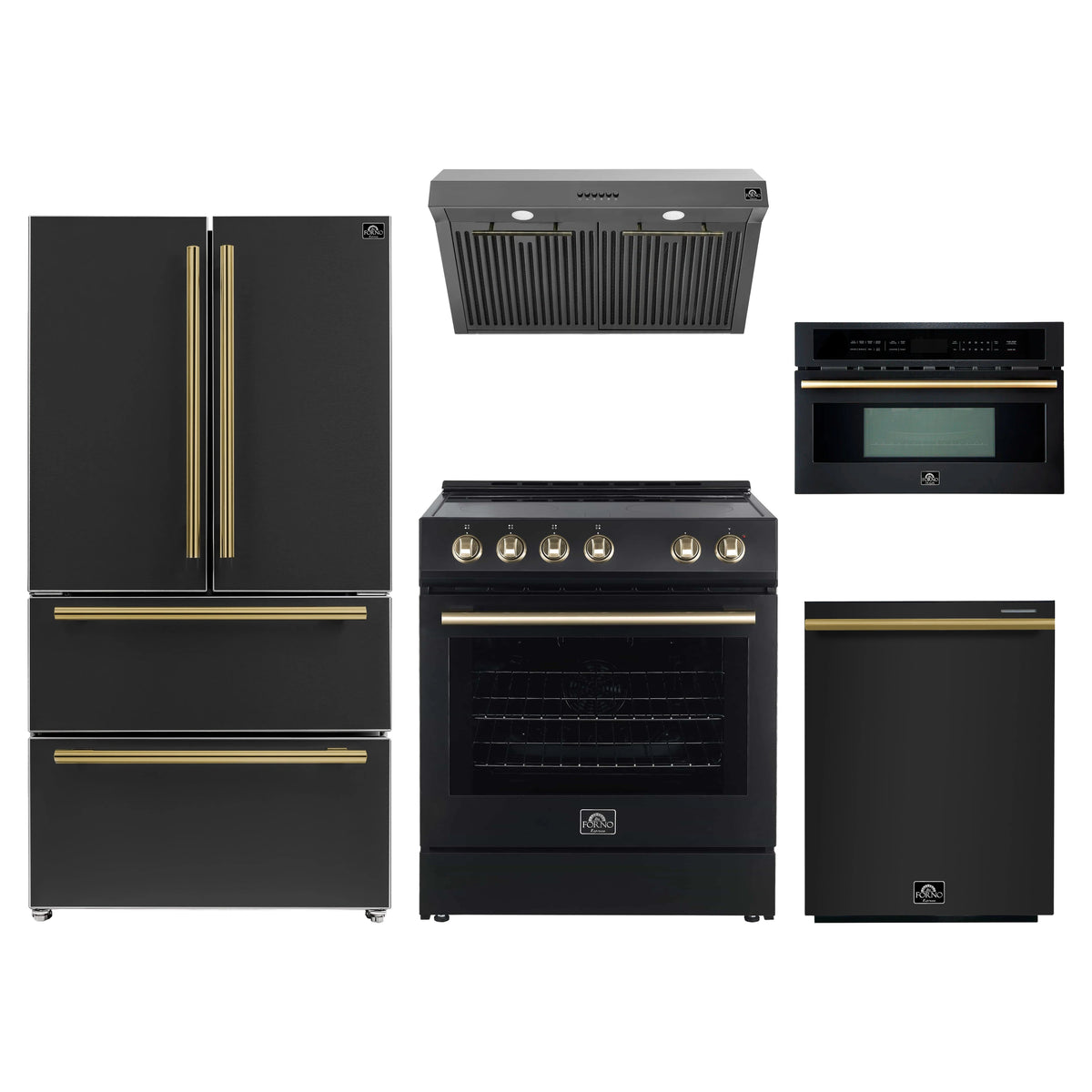 Forno 5-Piece Appliance Package - 30-Inch Electric Range, Under Cabinet Range Hood, Refrigerator, Dishwasher, and 30-Inch Microwave Oven in Black with Antique Brass Trim