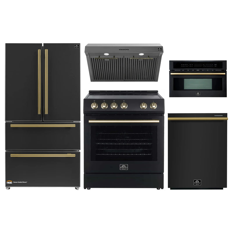 Forno 5-Piece Appliance Package - 30-Inch Electric Range, Under Cabinet Range Hood, Refrigerator, Dishwasher, and  30-Inch Microwave Oven in Black with Antique Brass Trim