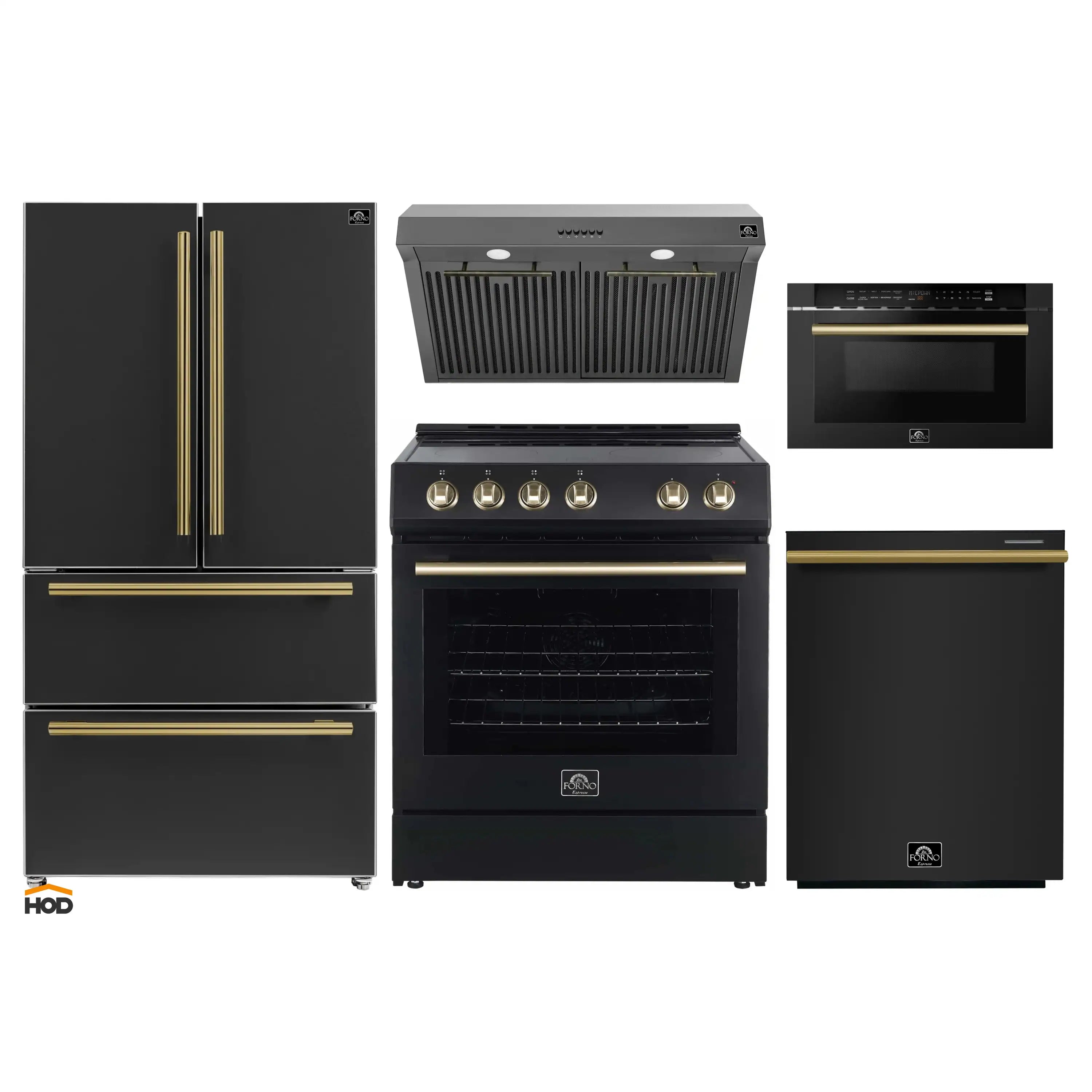 Black kitchen appliance set with antique brass trim: range, refrigerator, hood, and microwave