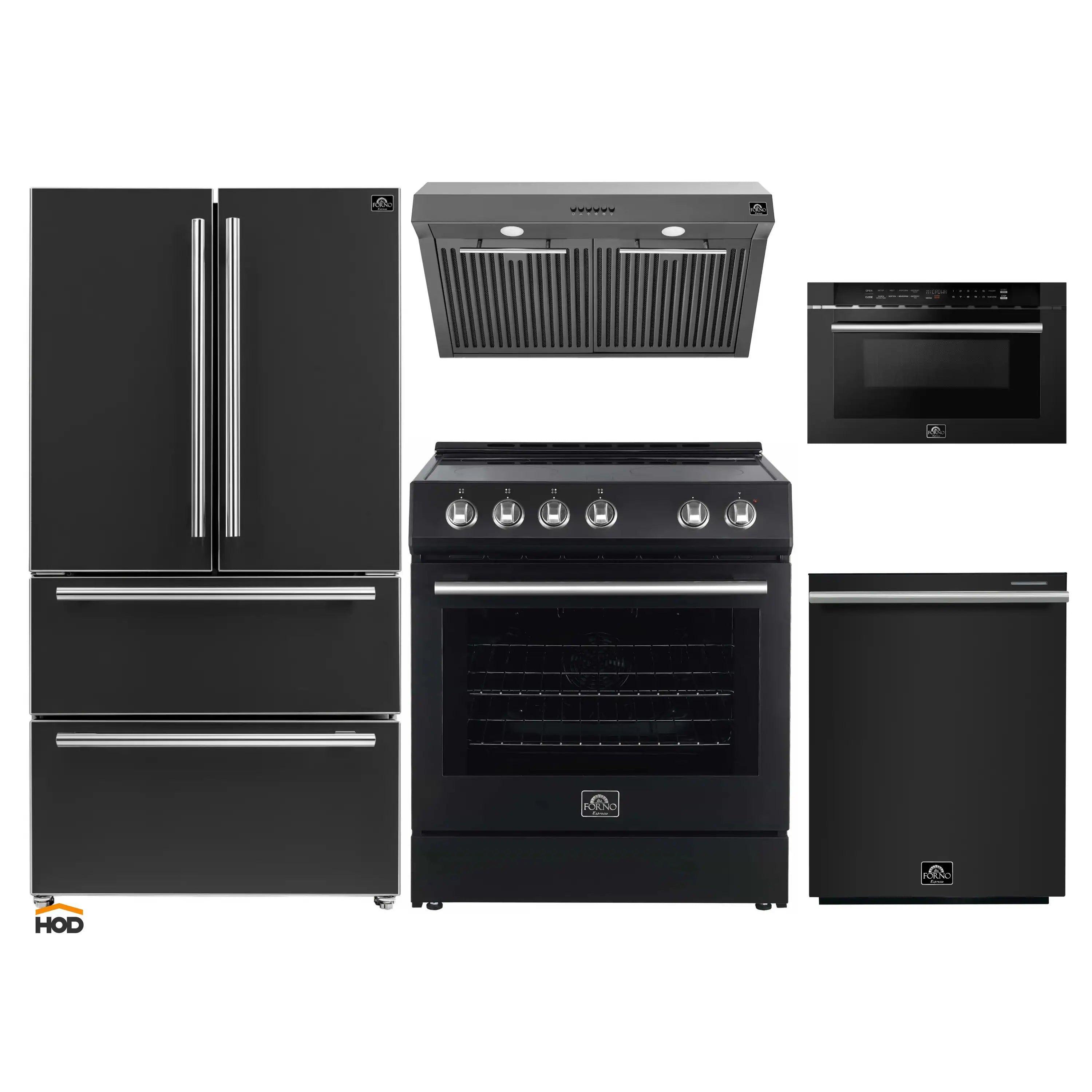 Black appliance package: French-door refrigerator, range, hood, dishwasher, microwave drawer