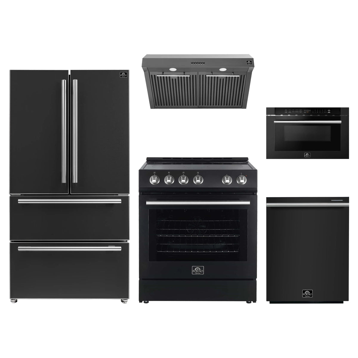 Forno 5-Piece Appliance Package - 30-Inch Electric Range, Under Cabinet Range Hood, French Door Refrigerator, Dishwasher, & 24-Inch Microwave Drawer in Black with Stainless Steel Trim