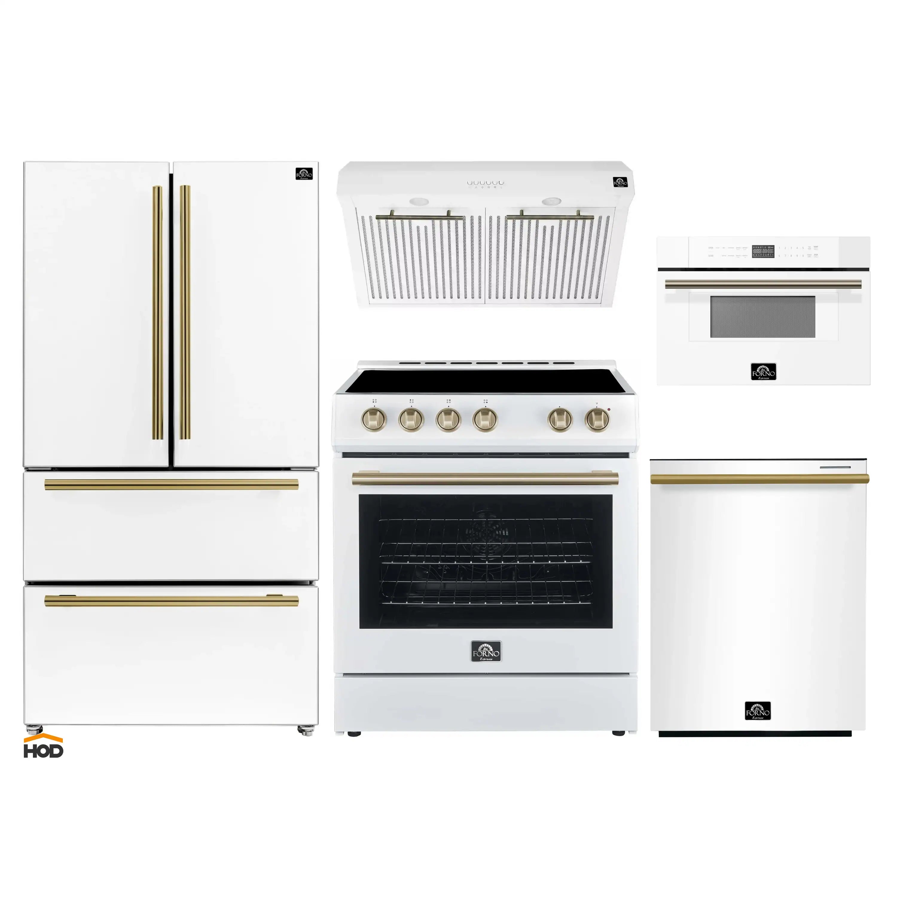 White appliance set with antique brass accents: refrigerator, range, hood, dishwasher