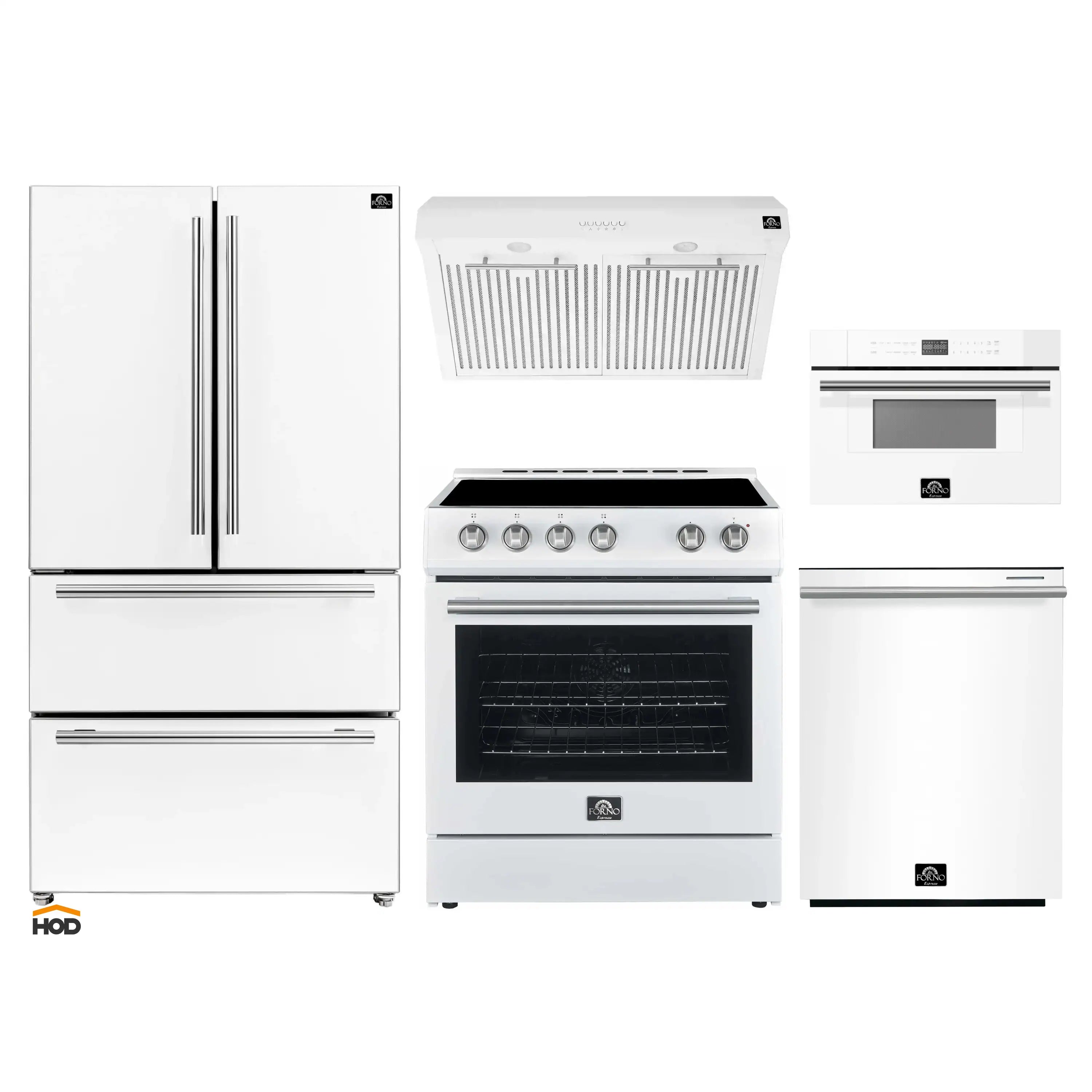 White 5-piece appliance package with French-door refrigerator, electric range, and microwave