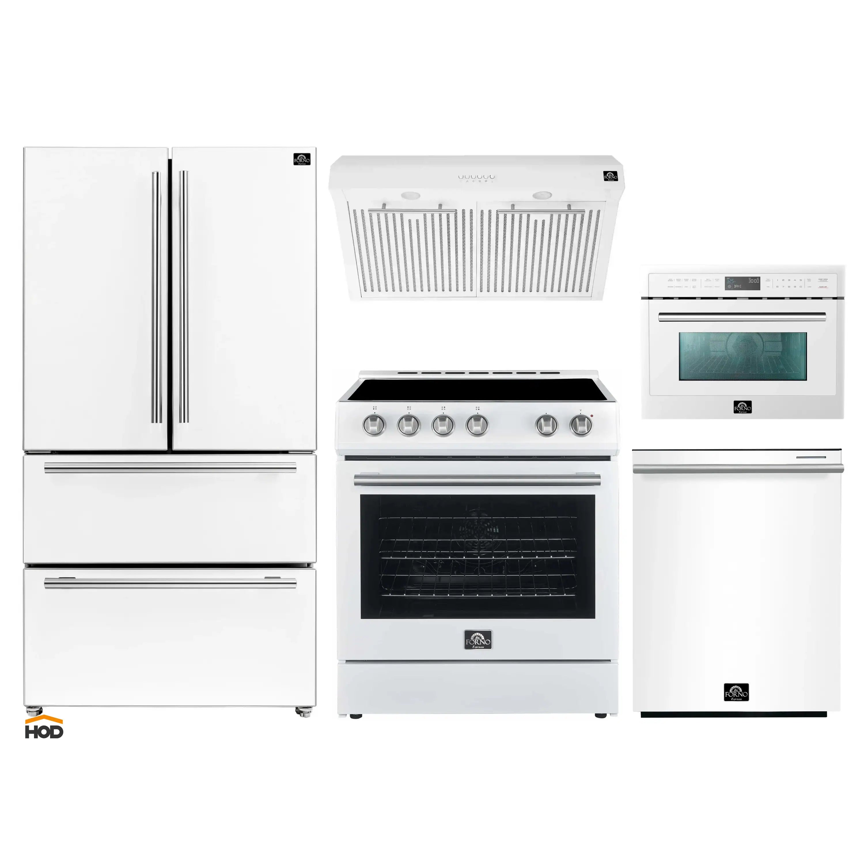 White kitchen appliance set with stainless trim: refrigerator, range, and microwave