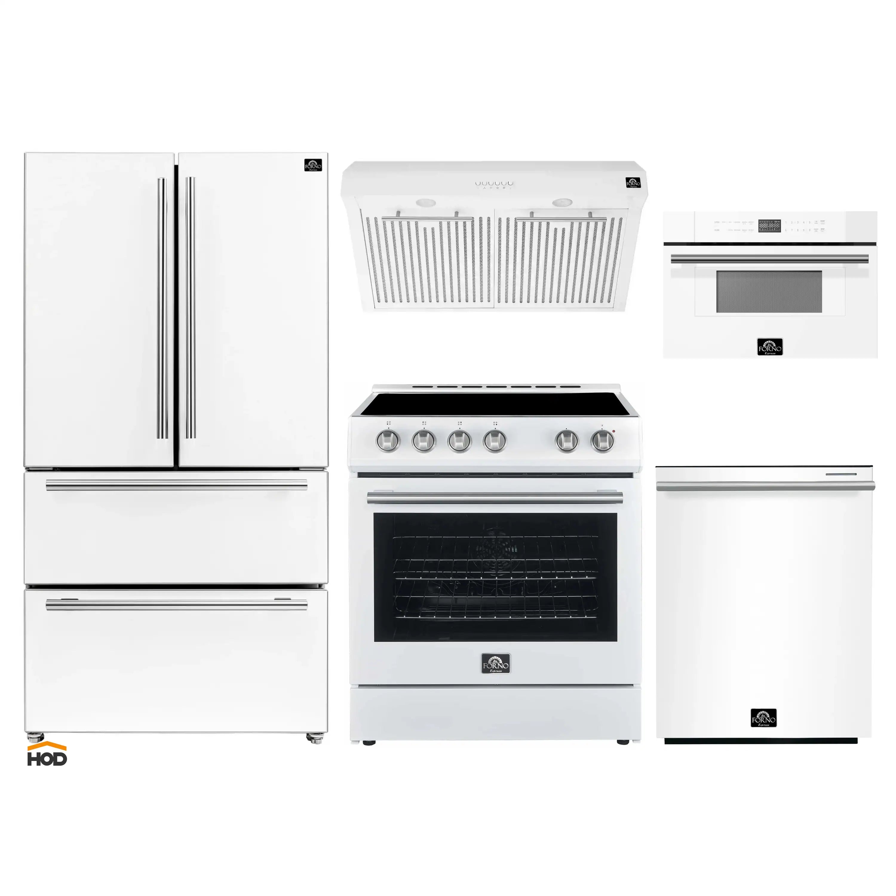 White appliance bundle: refrigerator, electric range, microwave, hood, and dishwasher