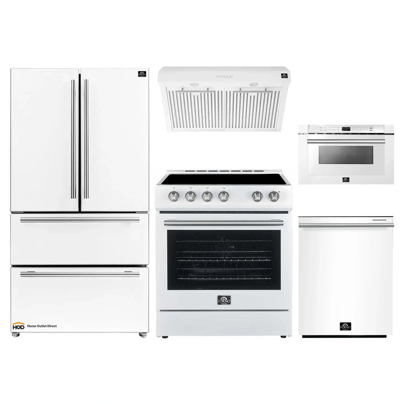 Forno 5-Piece Appliance Package - 30-Inch Electric Range, Under Cabinet Range Hood, French Door Refrigerator, Dishwasher , & Microwave Drawer in White with Stainless Steel Handle