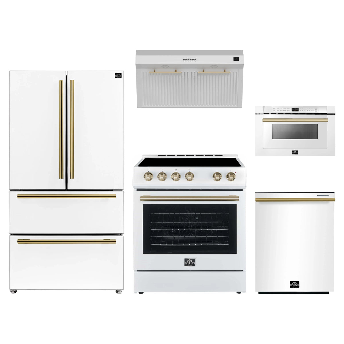 Forno 5-Piece Appliance Package - 30-Inch Electric Range, Under Cabinet Range Hood, French Door Refrigerator, Dishwasher, & Microwave Drawer in White with Antique Brass Trim