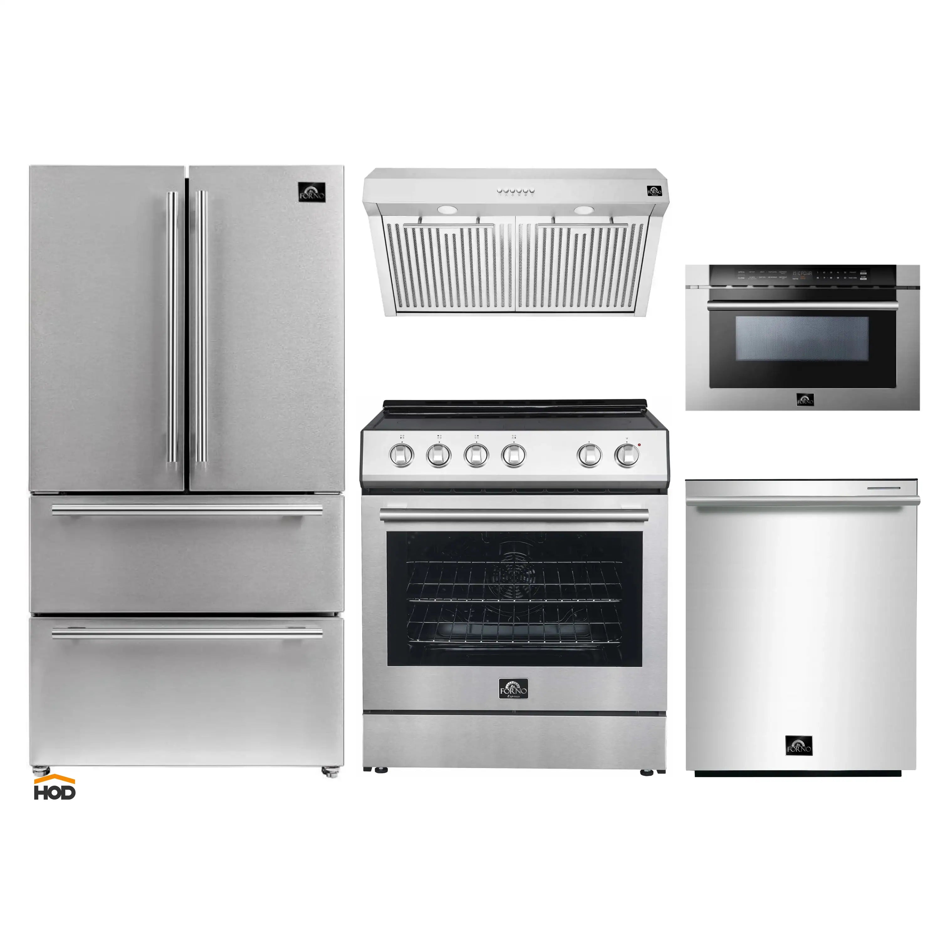 Stainless steel kitchen appliance set: refrigerator, range, hood, dishwasher