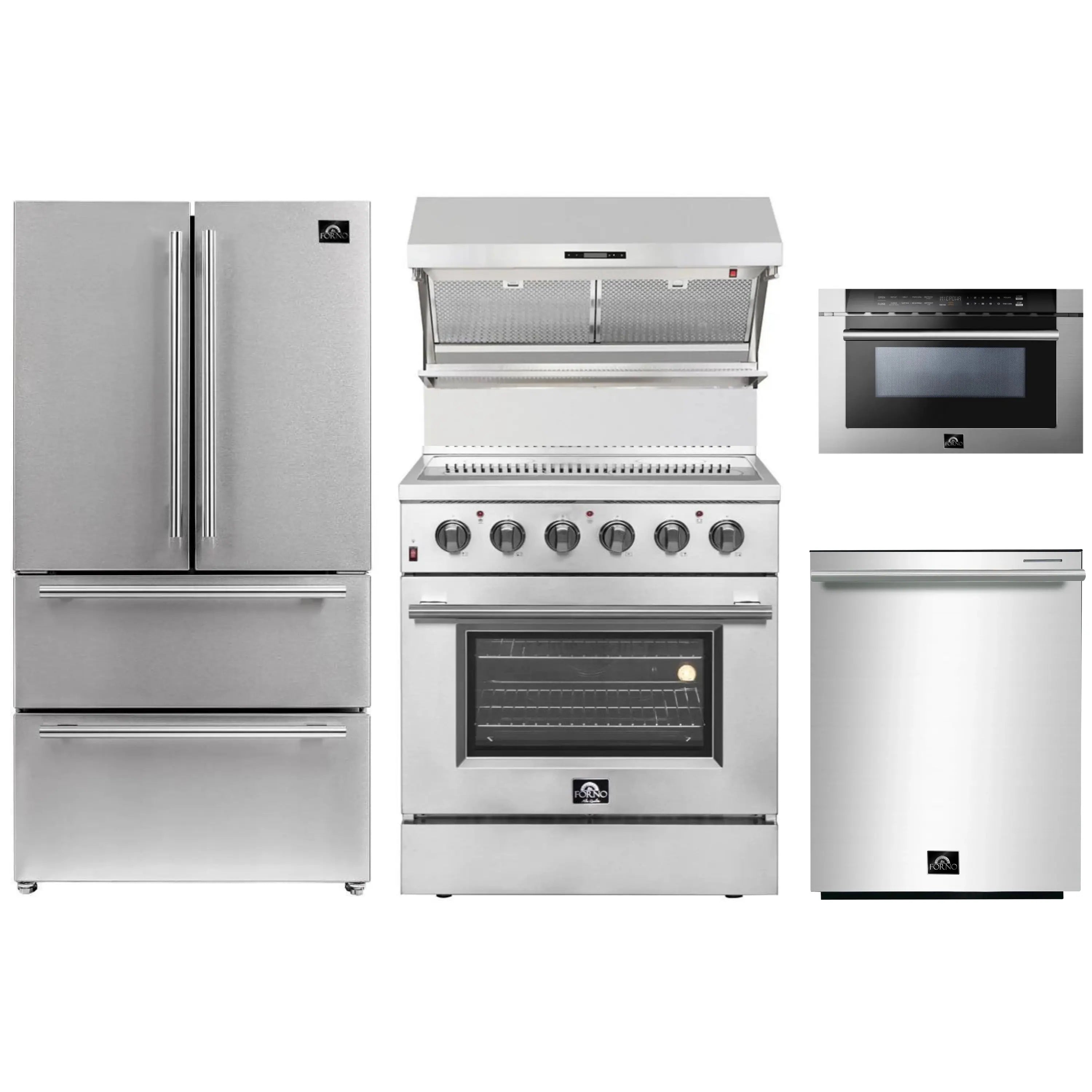 Stainless steel appliance package with French-door refrigerator, range, and hood