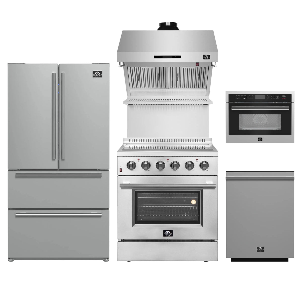 Forno 5-Piece Appliance Package - 30-Inch Electric Range, Wall Mount Range Hood with Backsplash, French Door Refrigerator, Dishwasher, and MicrowaveOven in Stainless Steel