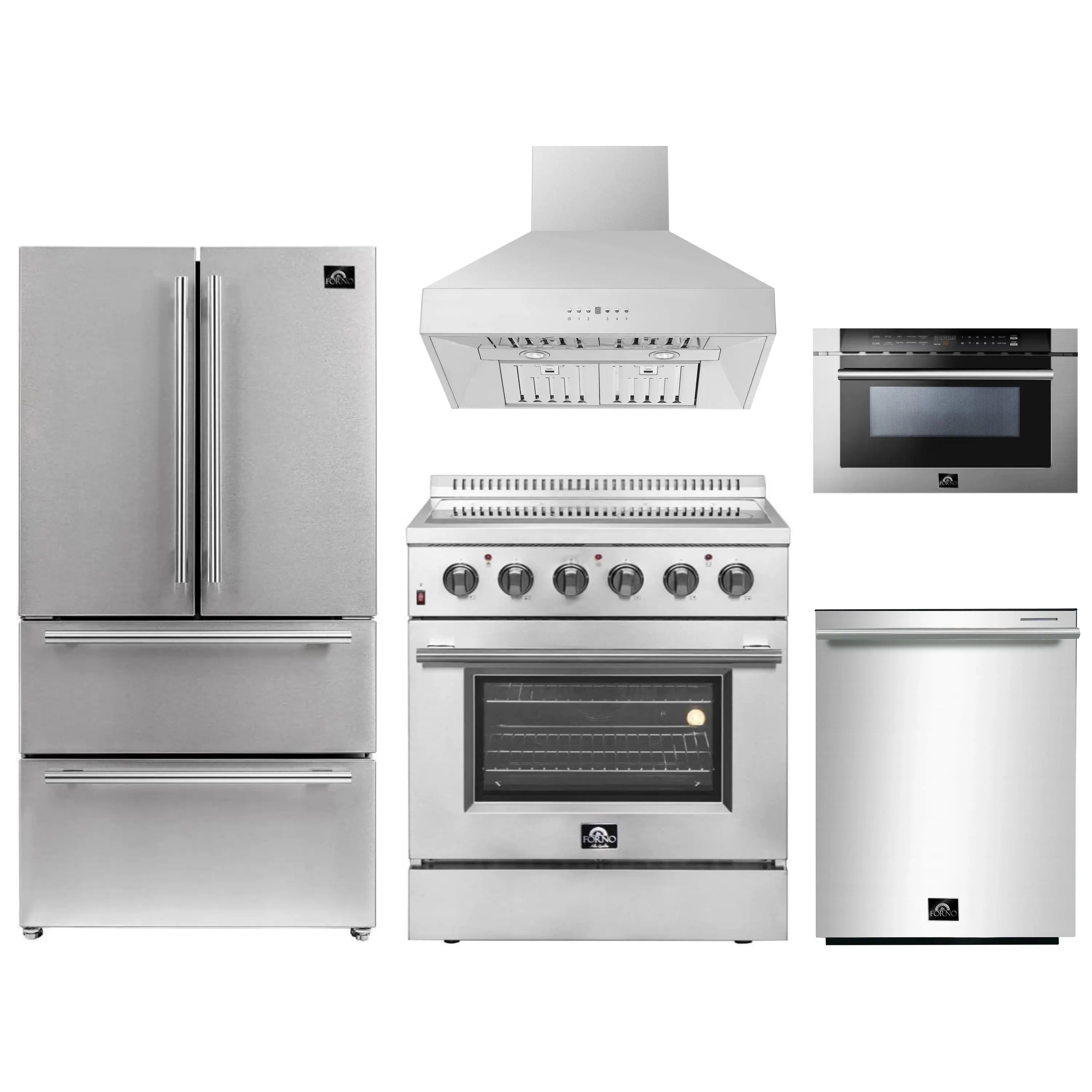 Stainless steel 5-piece kitchen appliance package with refrigerator, range, hood, dishwasher, microwave