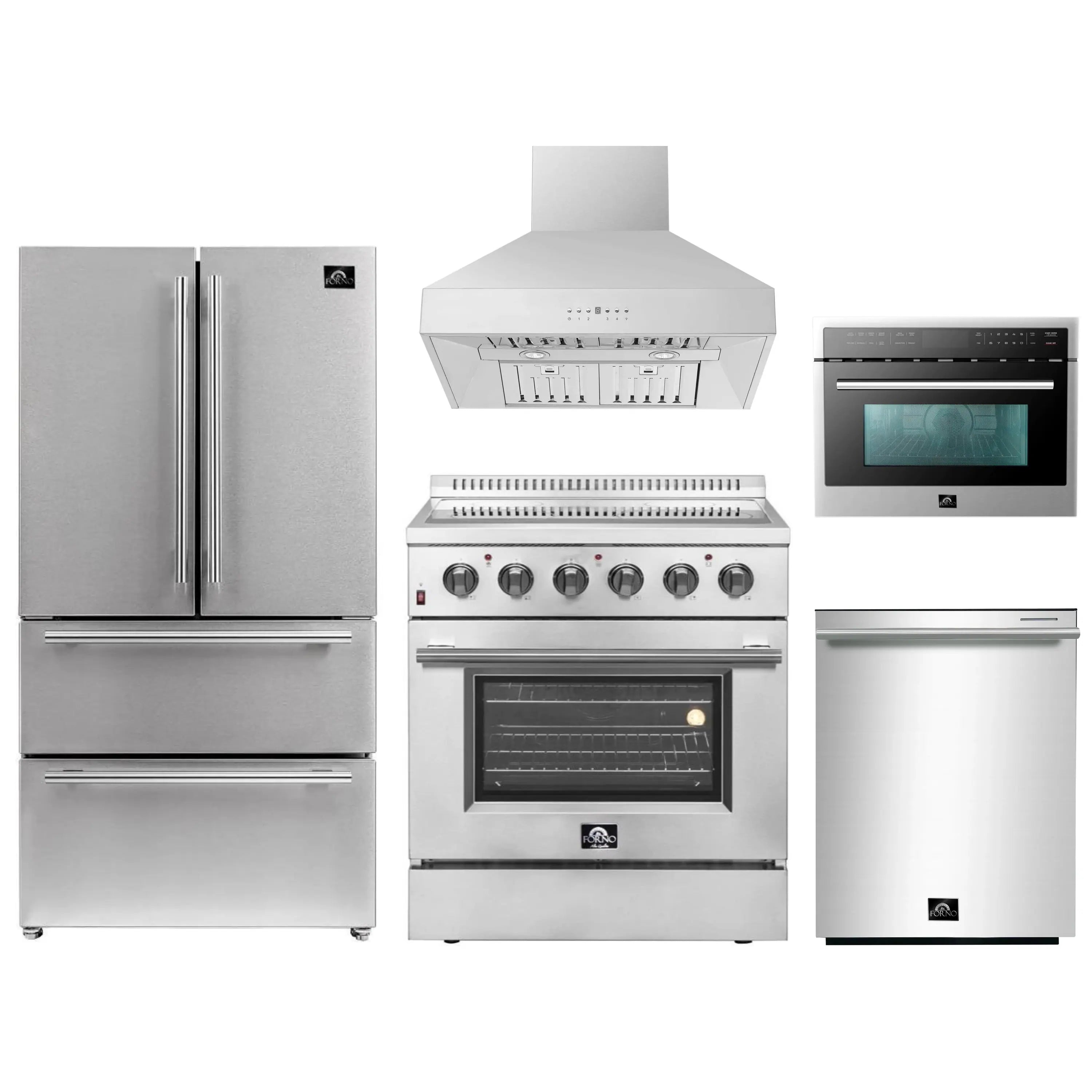 Stainless steel kitchen appliance bundle with refrigerator, range, hood, oven, and microwave