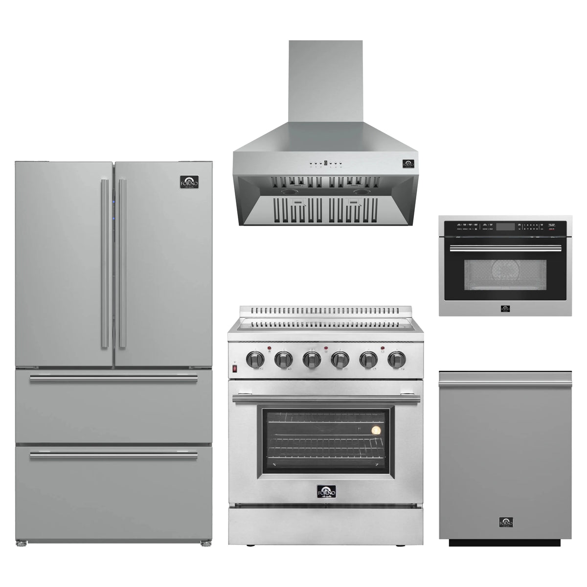Forno 5-Piece Appliance Package - 30-Inch Electric Range, Wall Mount Range Hood, French Door Refrigerator, Dishwasher, and MicrowaveOven in Stainless Steel