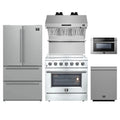 Forno 5-Piece Appliance Package - 36-Inch Electric Range, Wall Mount Range Hood with Backsplash, French Door Refrigerator, Dishwasher, and 24-Inch Microwave Drawer in Stainless Steel
