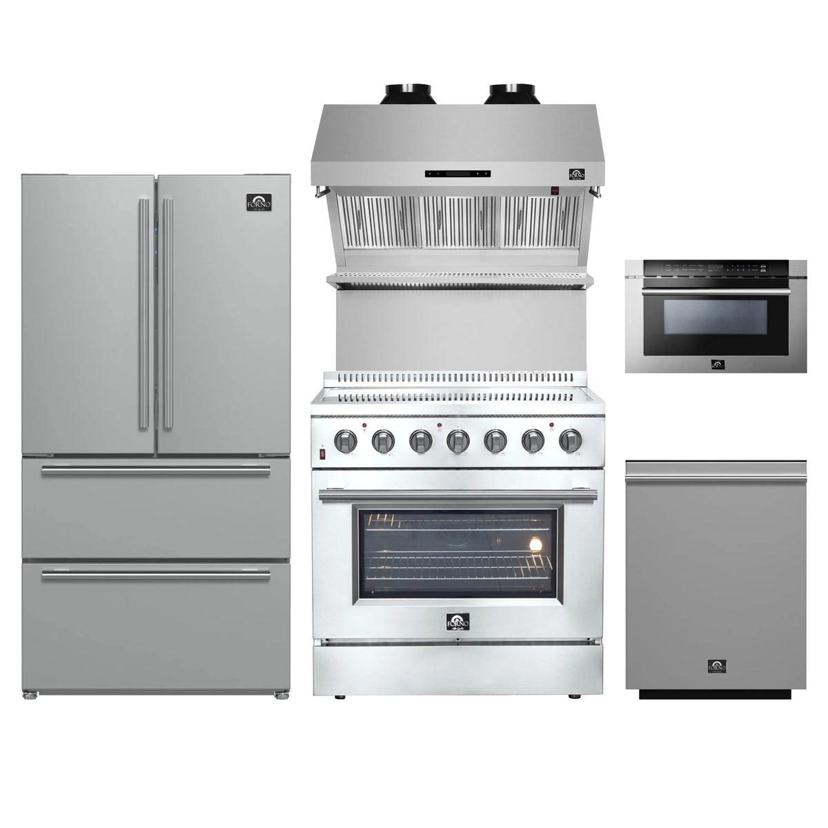 Forno 5-Piece Appliance Package - 36-Inch Electric Range, Wall Mount Range Hood with Backsplash, French Door Refrigerator, Dishwasher, and 24-Inch Microwave Drawer in Stainless Steel