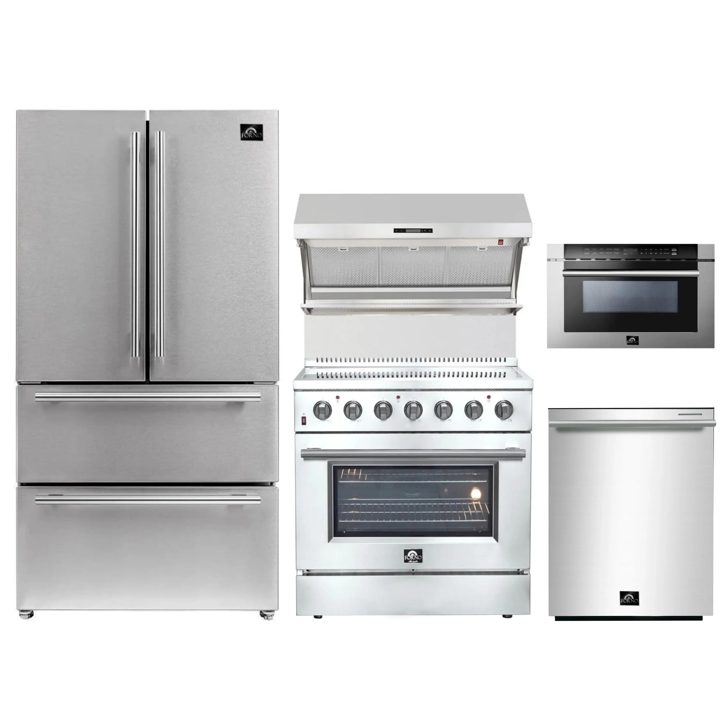 Stainless steel 5-piece kitchen appliance set: fridge, electric range, hood, dishwasher, microwave