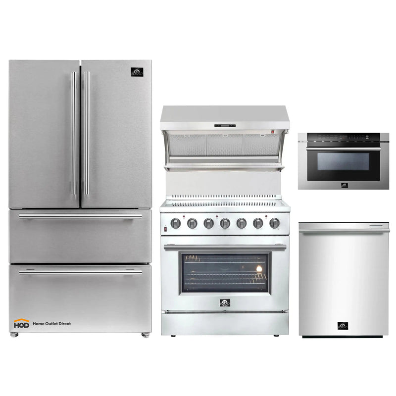 Forno 5-Piece Appliance Package - 36-Inch Electric Range, Wall Mount Range Hood with Backsplash, French Door Refrigerator, Dishwasher, and Microwave Drawer in Stainless Steel