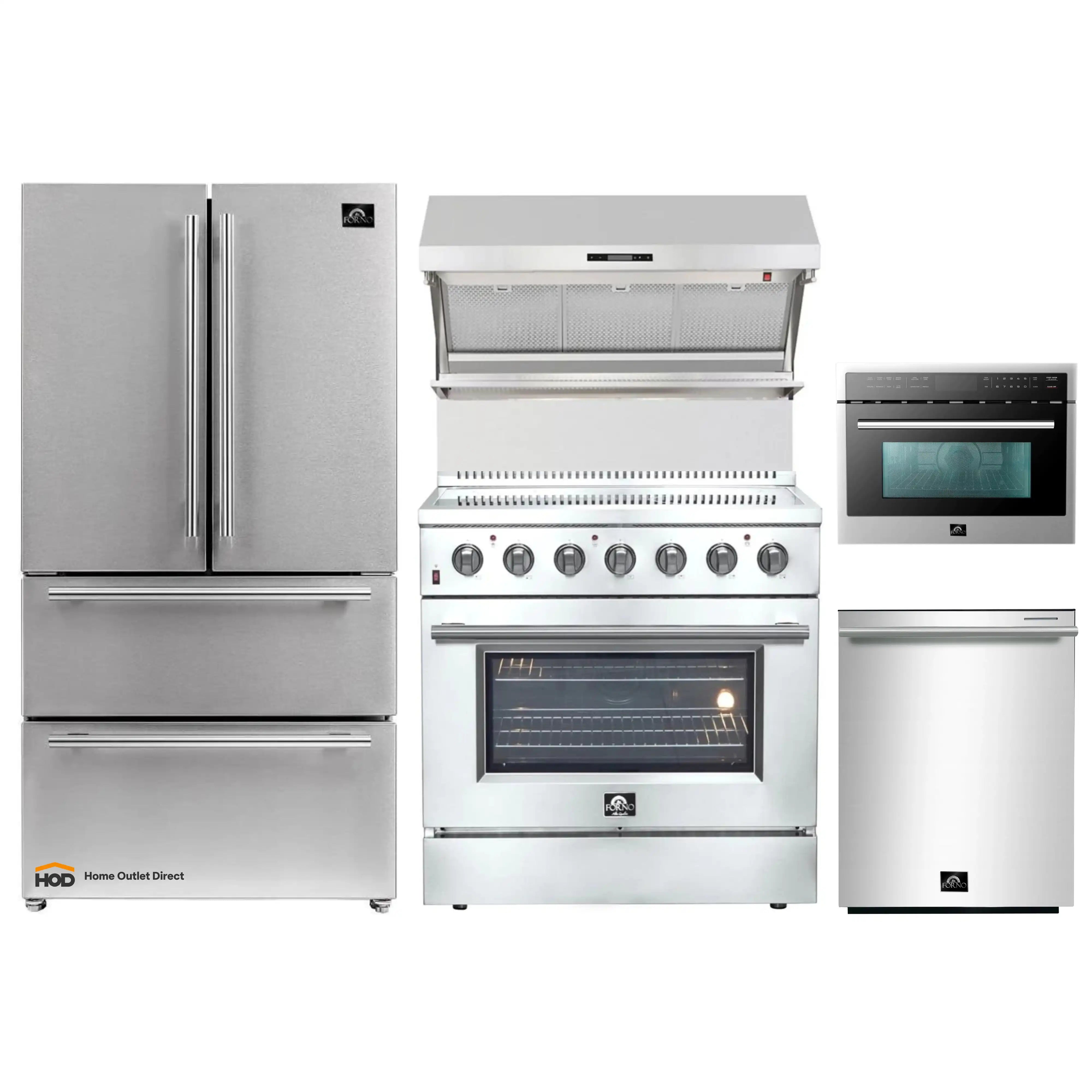 Stainless steel kitchen appliance set with refrigerator, range, cooktop, and microwave