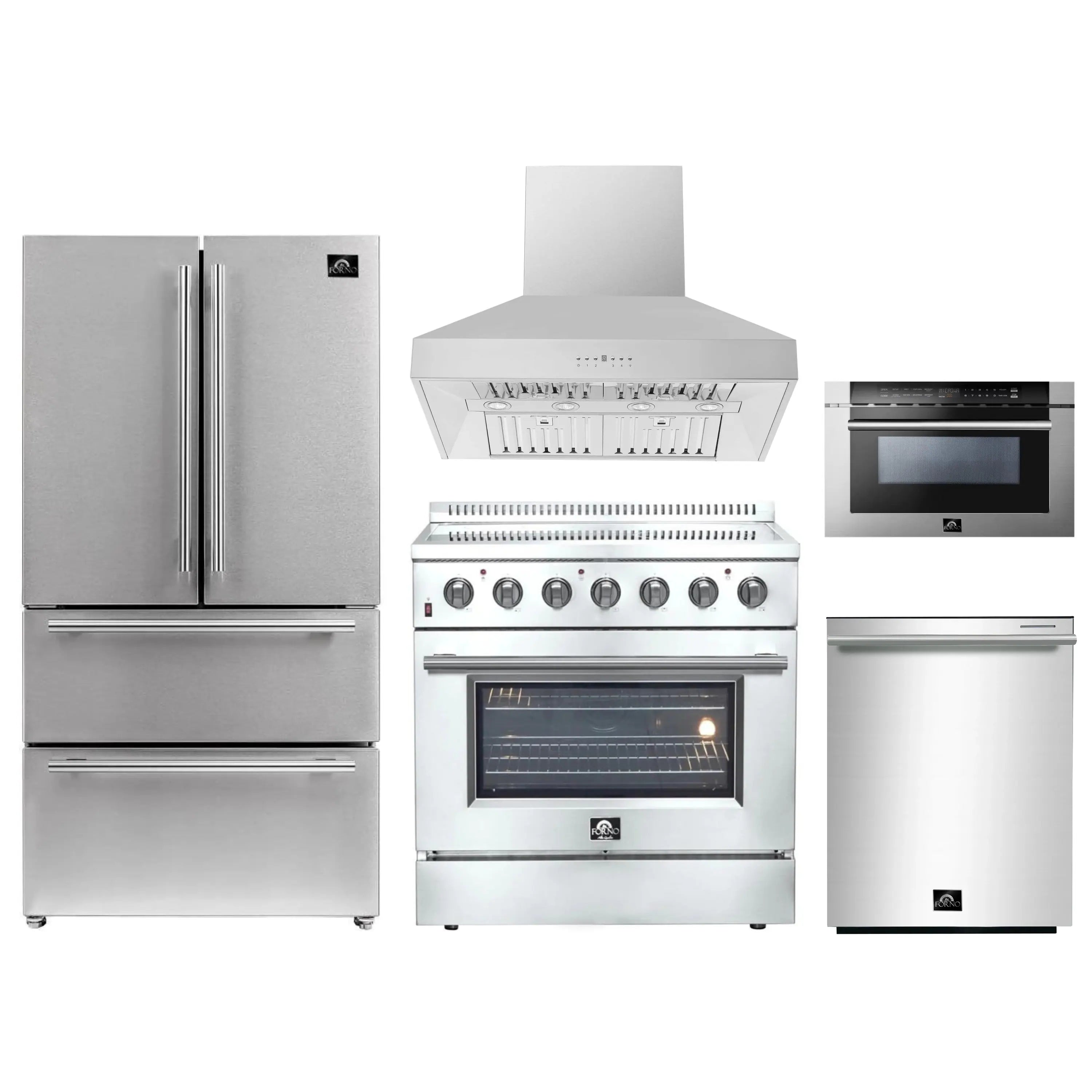 Stainless steel appliance set with refrigerator, range hood, electric range, and dishwasher