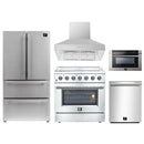 Forno 5-Piece Appliance Package - 36-Inch Electric Range, Wall Mount Range Hood, French Door Refrigerator, Dishwasher, and 24-Inch Microwave Drawer in Stainless Steel