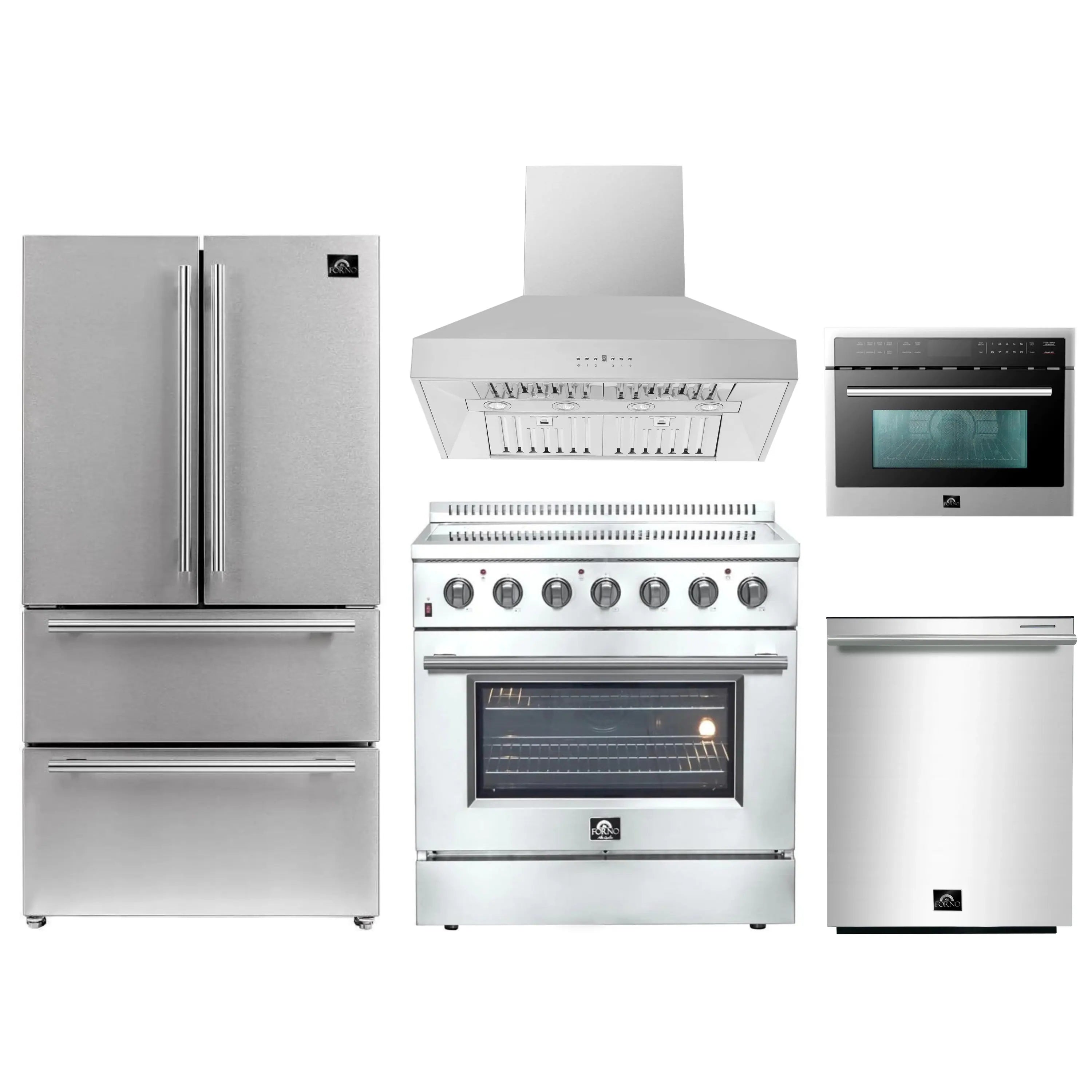 Stainless appliance package with refrigerator, wall hood, range, microwave, dishwasher