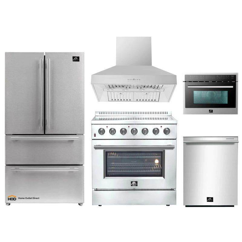 Forno 5-Piece Appliance Package - 36-Inch Electric Range, Wall Mount Range Hood, French Door Refrigerator, Dishwasher, and Microwave Oven in Stainless Steel