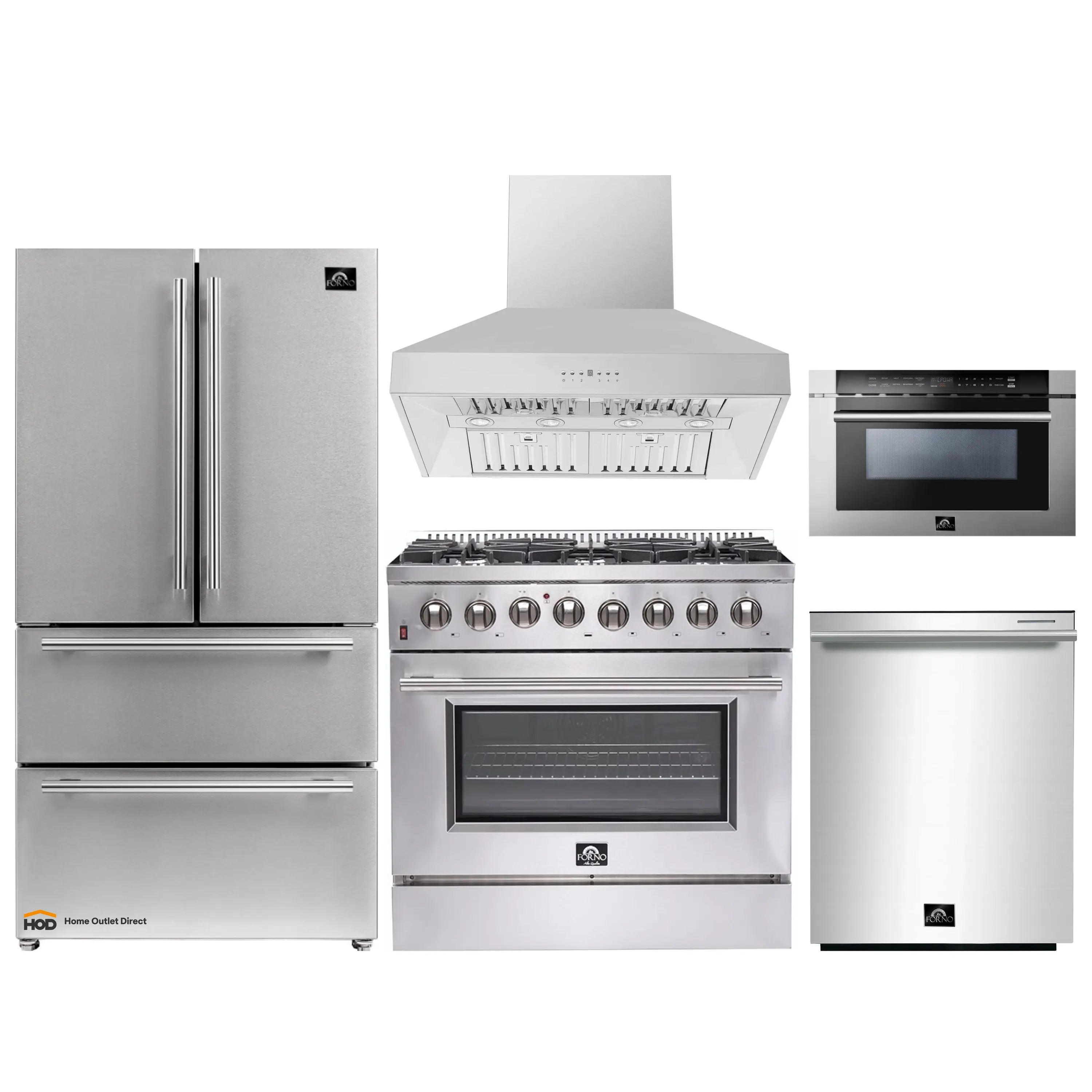 Stainless steel appliance package showing range, hood, refrigerator, and microwave