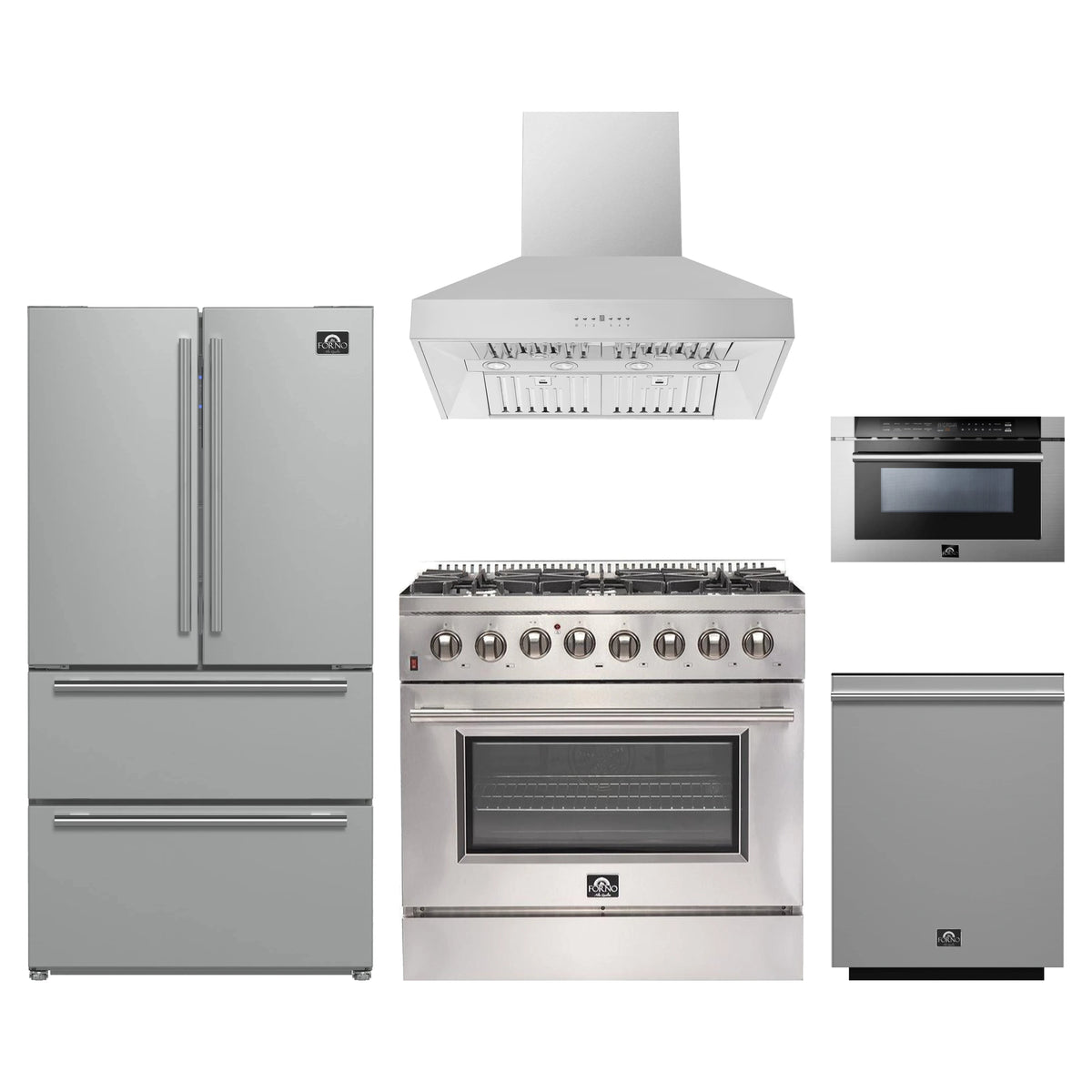 Forno 5-Piece Appliance Package - 36-Inch Dual Fuel Range, Refrigerator, Wall Mount Hood, 24-Inch Microwave Drawer, & 3-Rack Dishwasher in Stainless Steel