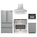Forno 5-Piece Appliance Package - 36-Inch Dual Fuel Range, Refrigerator, Wall Mount Hood, 24-Inch Microwave Oven, & 3-Rack Dishwasher in Stainless Steel